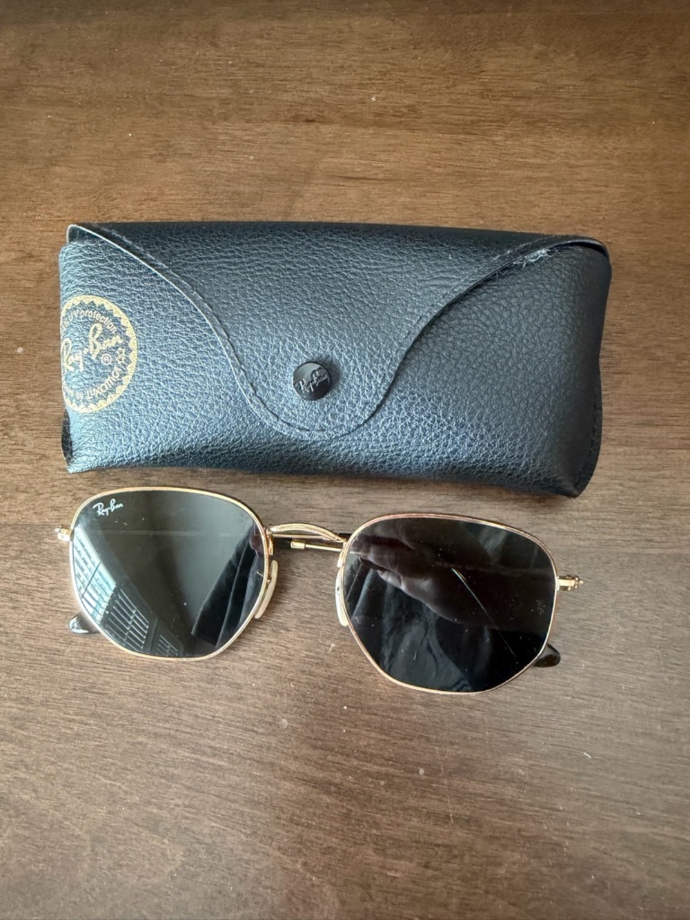 Ray-Ban Gold Frame Sunglasses with Black Lenses and Case